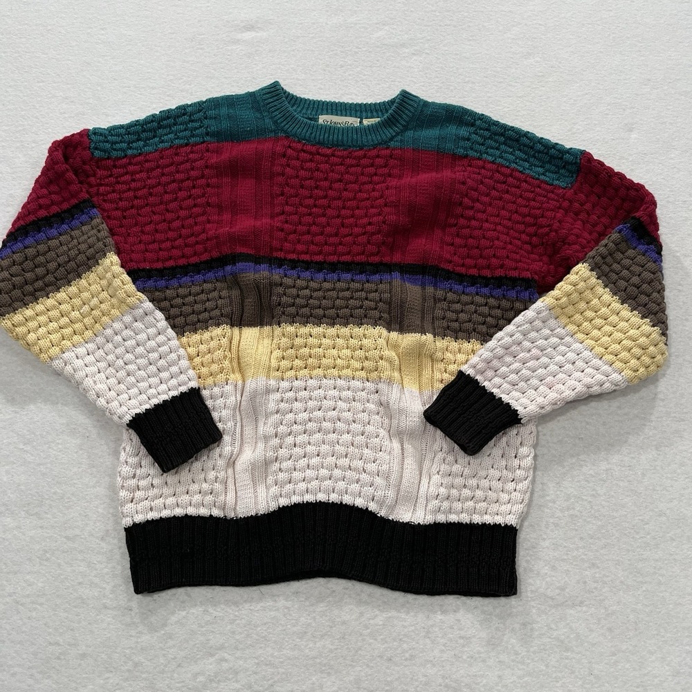 Vtg 90s St Johns Bay Tri Colorblock Mens Sweater L Heavy Knit Retro Crewneck